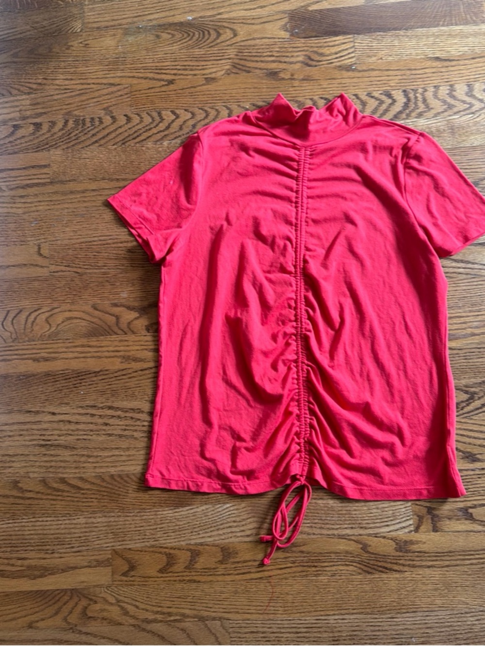 Rouge! Bright Red Short-Sleeve Ruched Drawstring Mock Neck Top